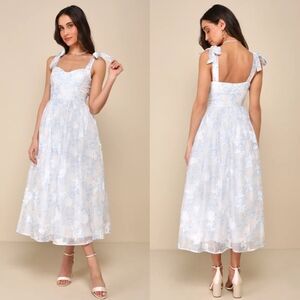 Lulus Beautifully Adored White Floral Burnout Tie-Strap Midi Dress XL Wedding